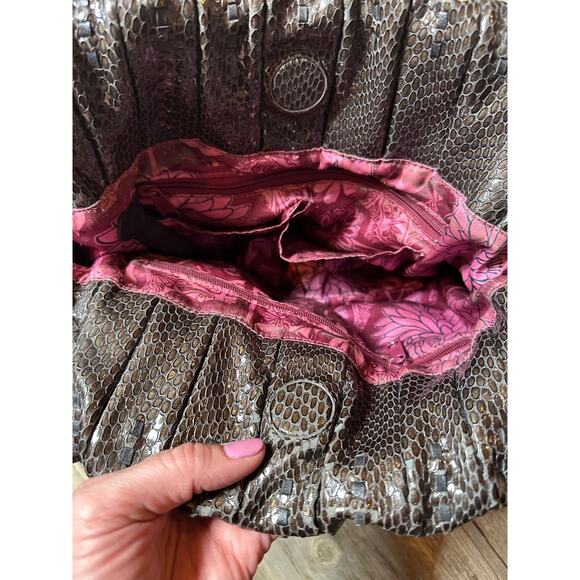 Brighton Breelan Python Snake Embossed Leather Handbag Purse Hobo Brown Grey - Picture 15 of 16